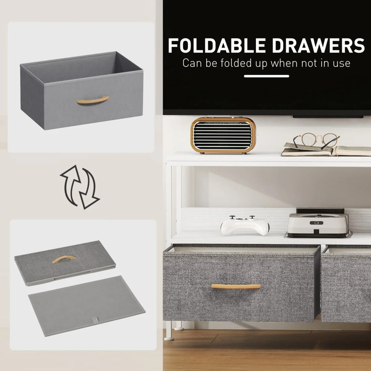 Avavale 98cm White and Light Grey TV Storage Unit with 2 Foldable Fabric Drawers – image 2