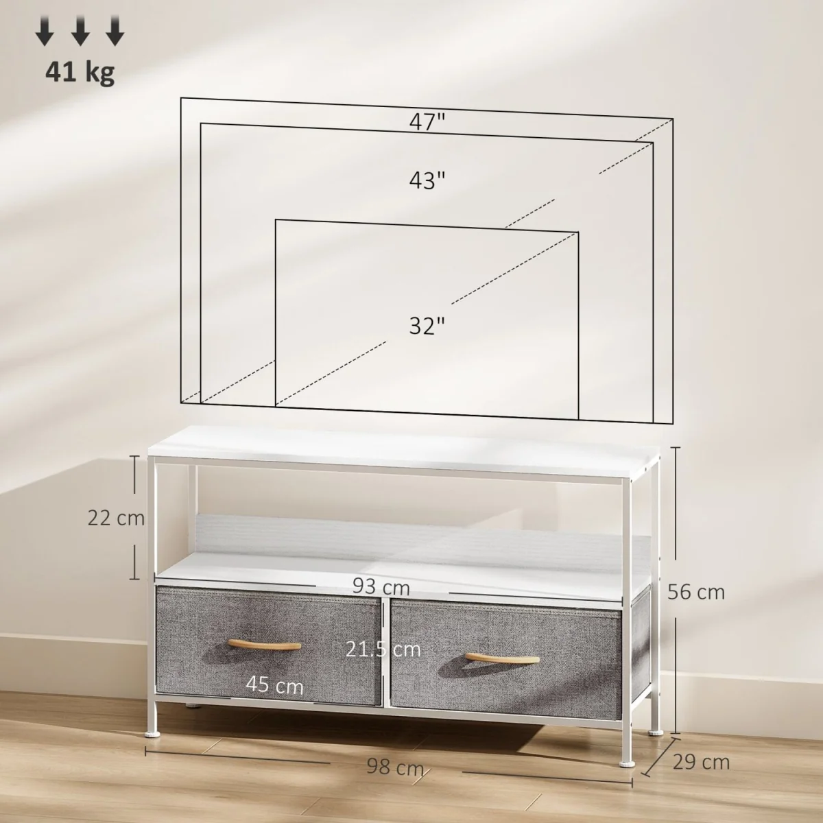 Avavale 98cm White and Light Grey TV Storage Unit with 2 Foldable Fabric Drawers – image 4