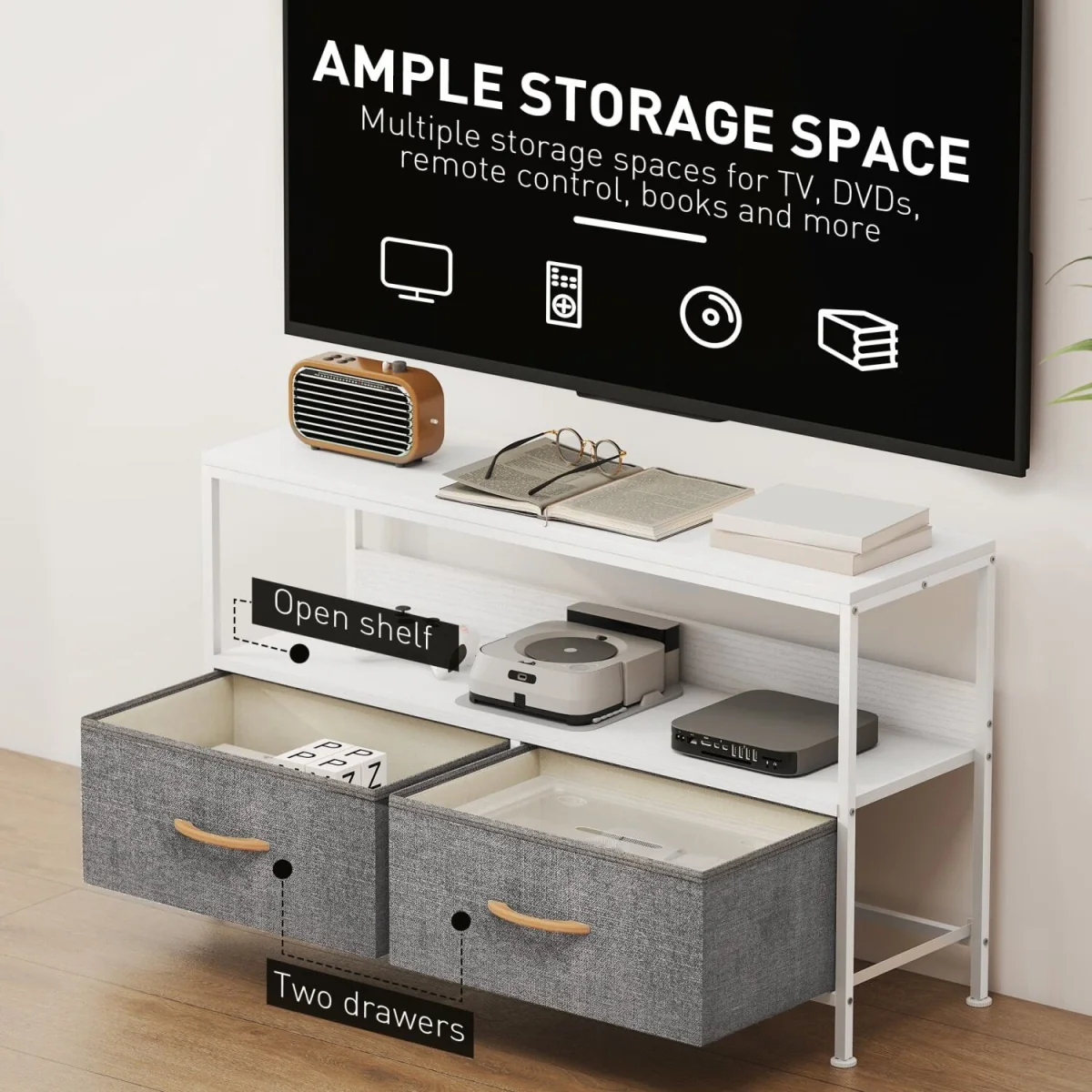Avavale 98cm White and Light Grey TV Storage Unit with 2 Foldable Fabric Drawers – image 5
