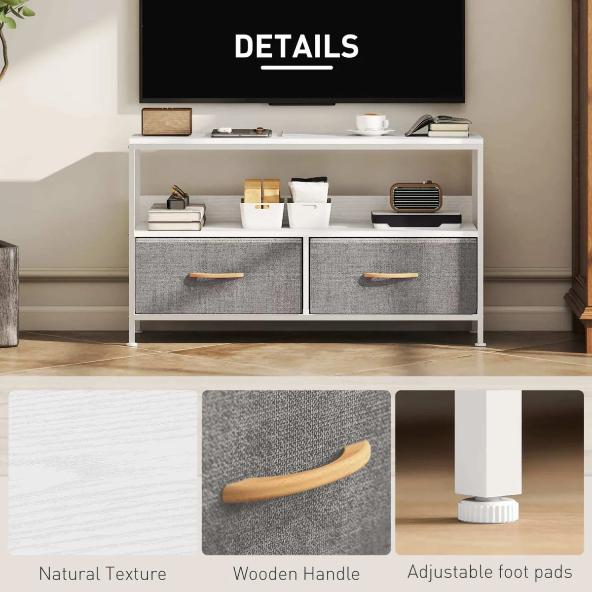 Avavale 98cm White and Light Grey TV Storage Unit with 2 Foldable Fabric Drawers – image 6