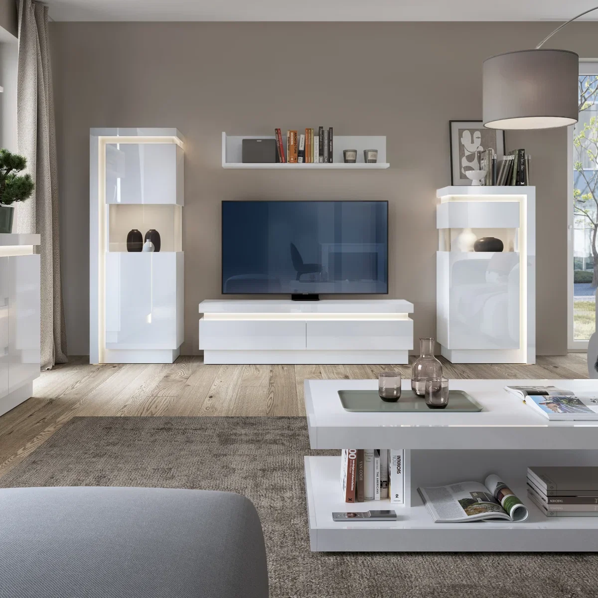 Lyon 2 Drawer TV Cabinet (including LED lighting) in White and High Gloss - White – image 3