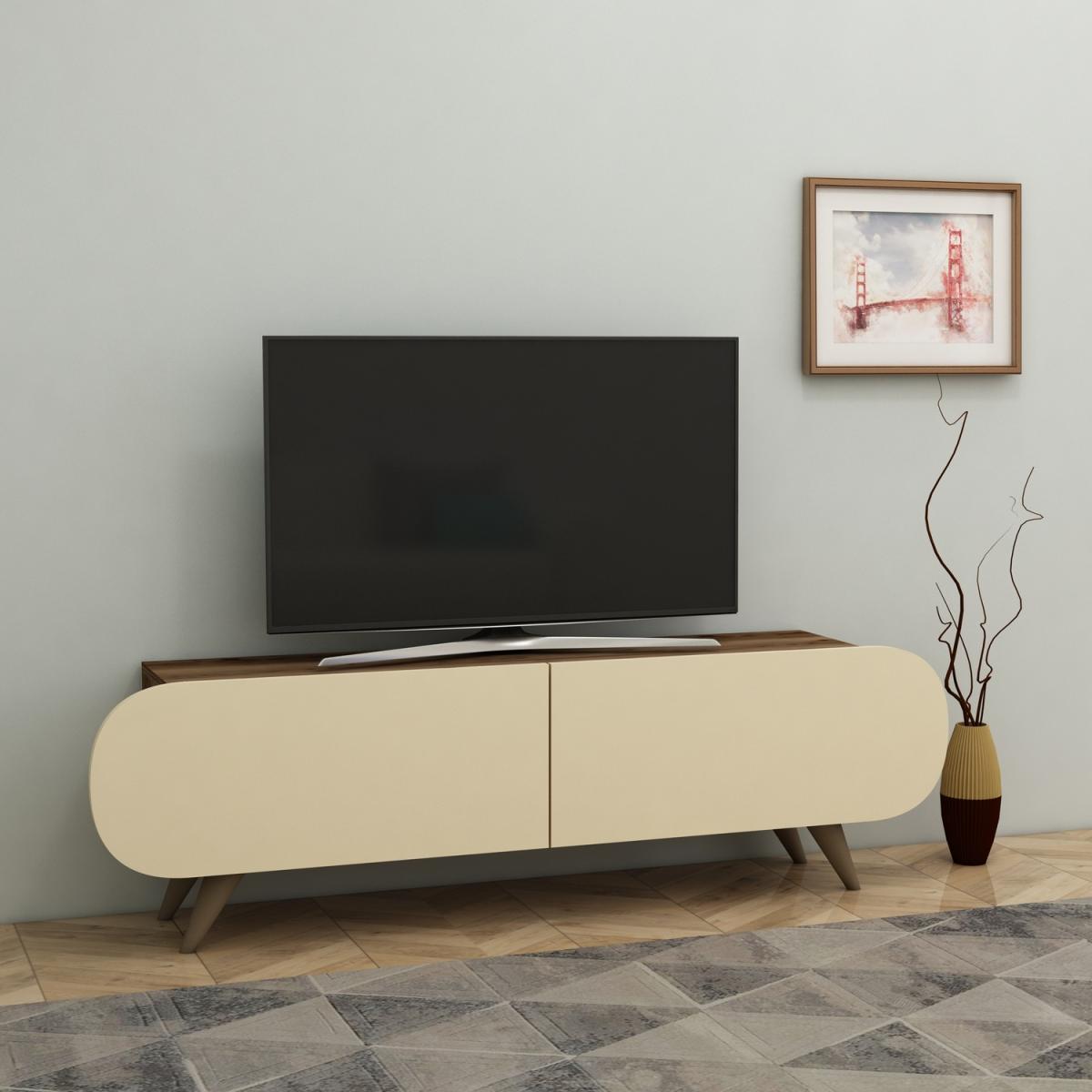 Sagely TV Stand with Cabinets, Shelves - Beige - Light Walnut – image 2