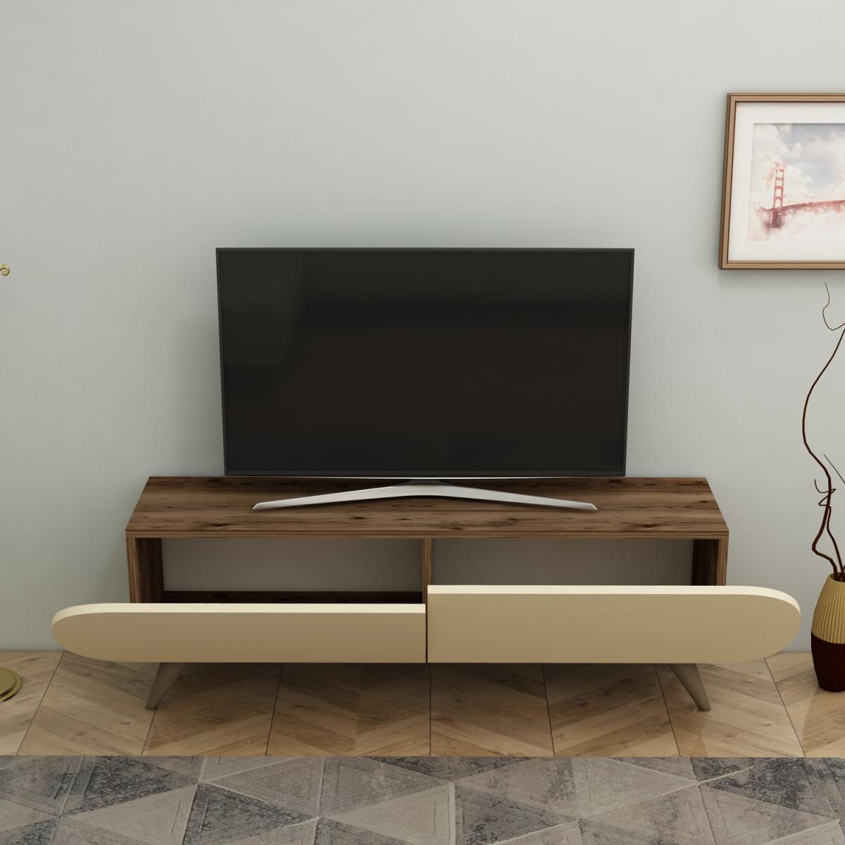 Sagely TV Stand with Cabinets, Shelves - Beige - Light Walnut – image 3