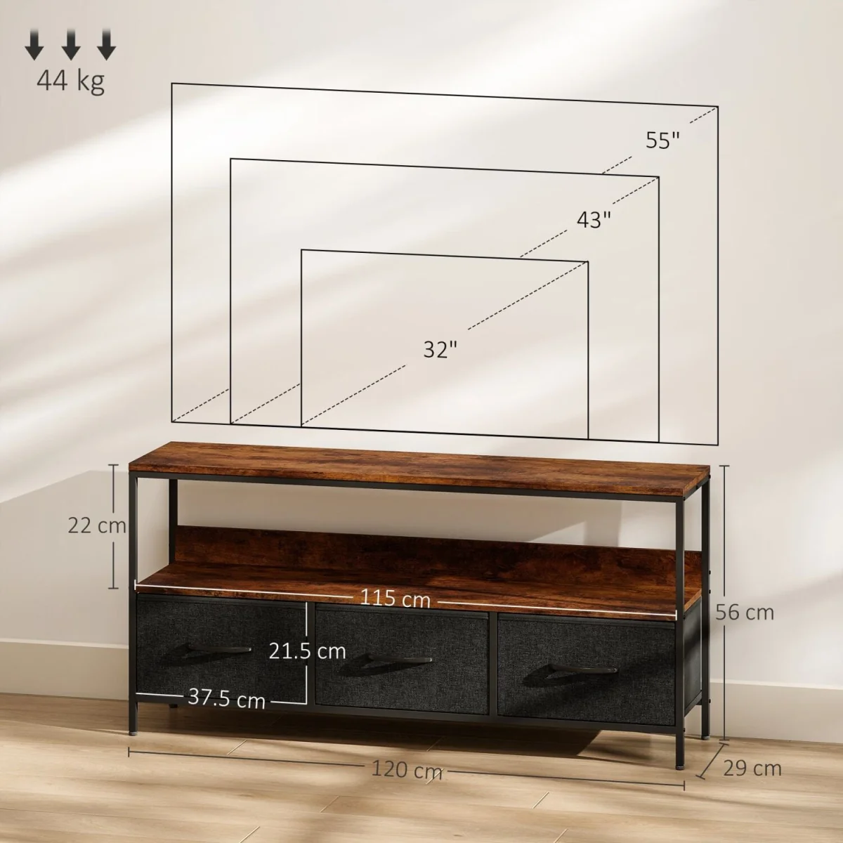Avasoro 120cm Rustic Brown TV Storage Unit with 3 Fold-Down Fabric Drawers – image 3