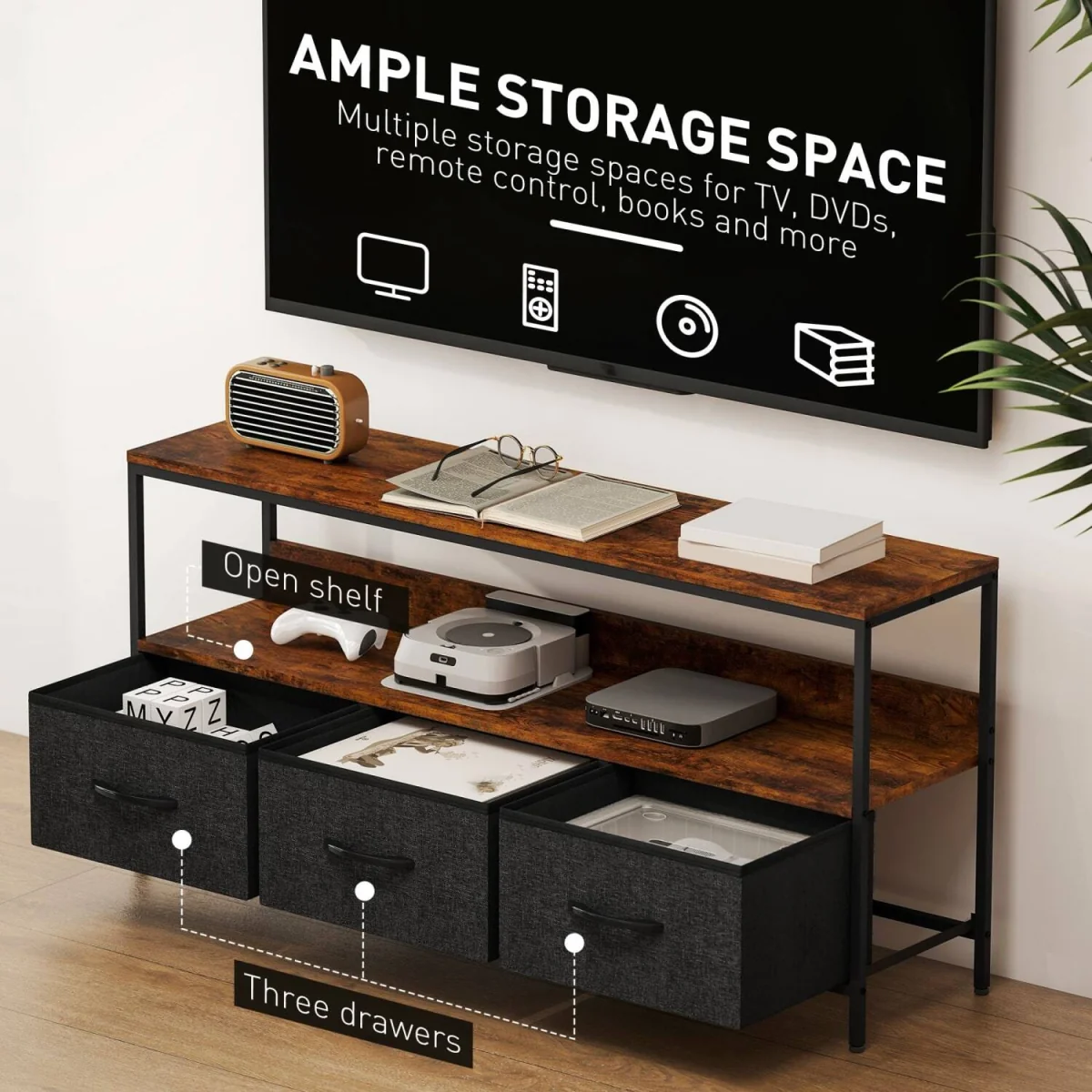 Avasoro 120cm Rustic Brown TV Storage Unit with 3 Fold-Down Fabric Drawers – image 5