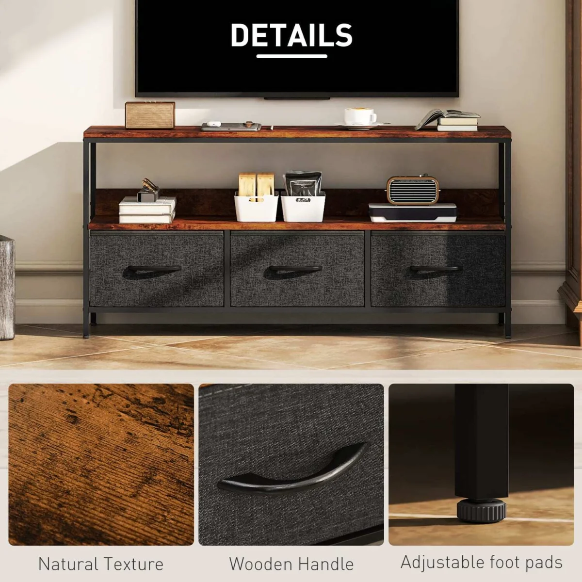 Avasoro 120cm Rustic Brown TV Storage Unit with 3 Fold-Down Fabric Drawers – image 6