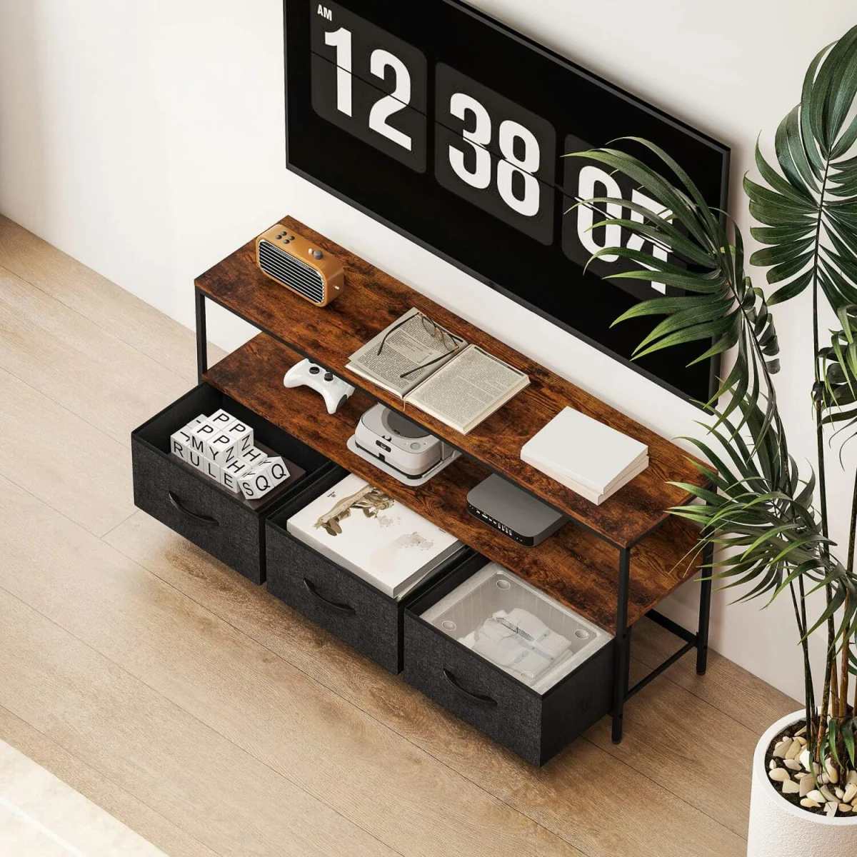Avasoro 120cm Rustic Brown TV Storage Unit with 3 Fold-Down Fabric Drawers – image 7