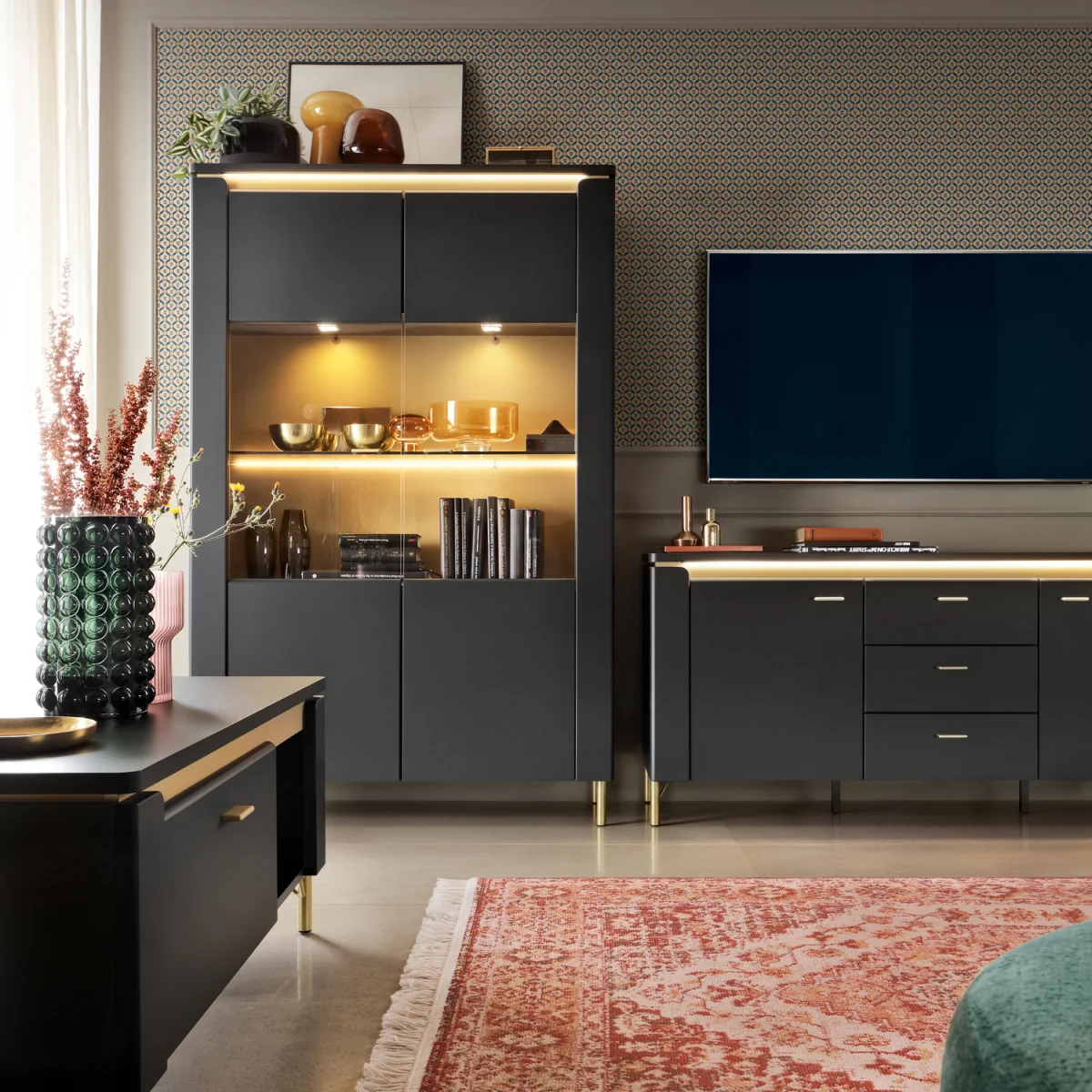 Genoa TV Cabinet 2 Door 3 Drawer 155cm Wide in Black Matt/Gold - Black & Gold – image 3
