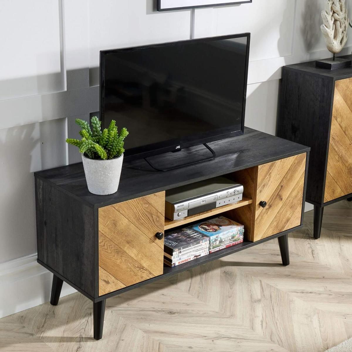 Dallas 2 Door Herringbone TV Stand Storage Unit - Black – image 2