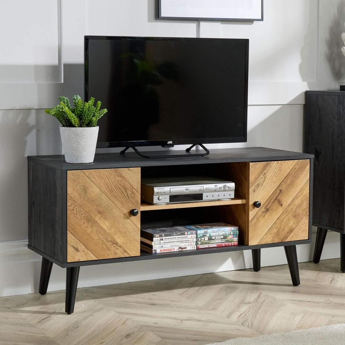 Dallas 2 Door Herringbone TV Stand Storage Unit - Black – image 1
