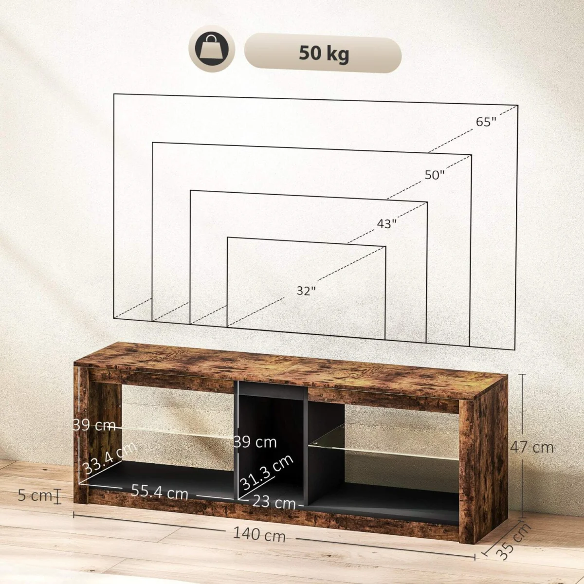 Kemido 140cm Rustic Brown TV Cabinet with LED Lighting and Remote for TVs up to 65 inches – image 2