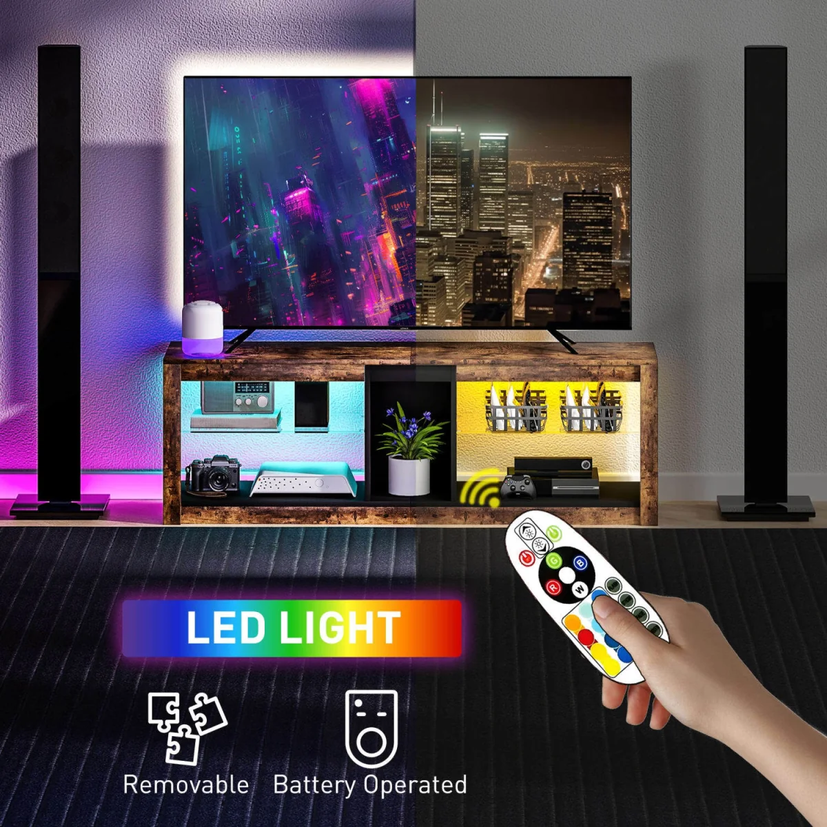 Kemido 140cm Rustic Brown TV Cabinet with LED Lighting and Remote for TVs up to 65 inches – image 4