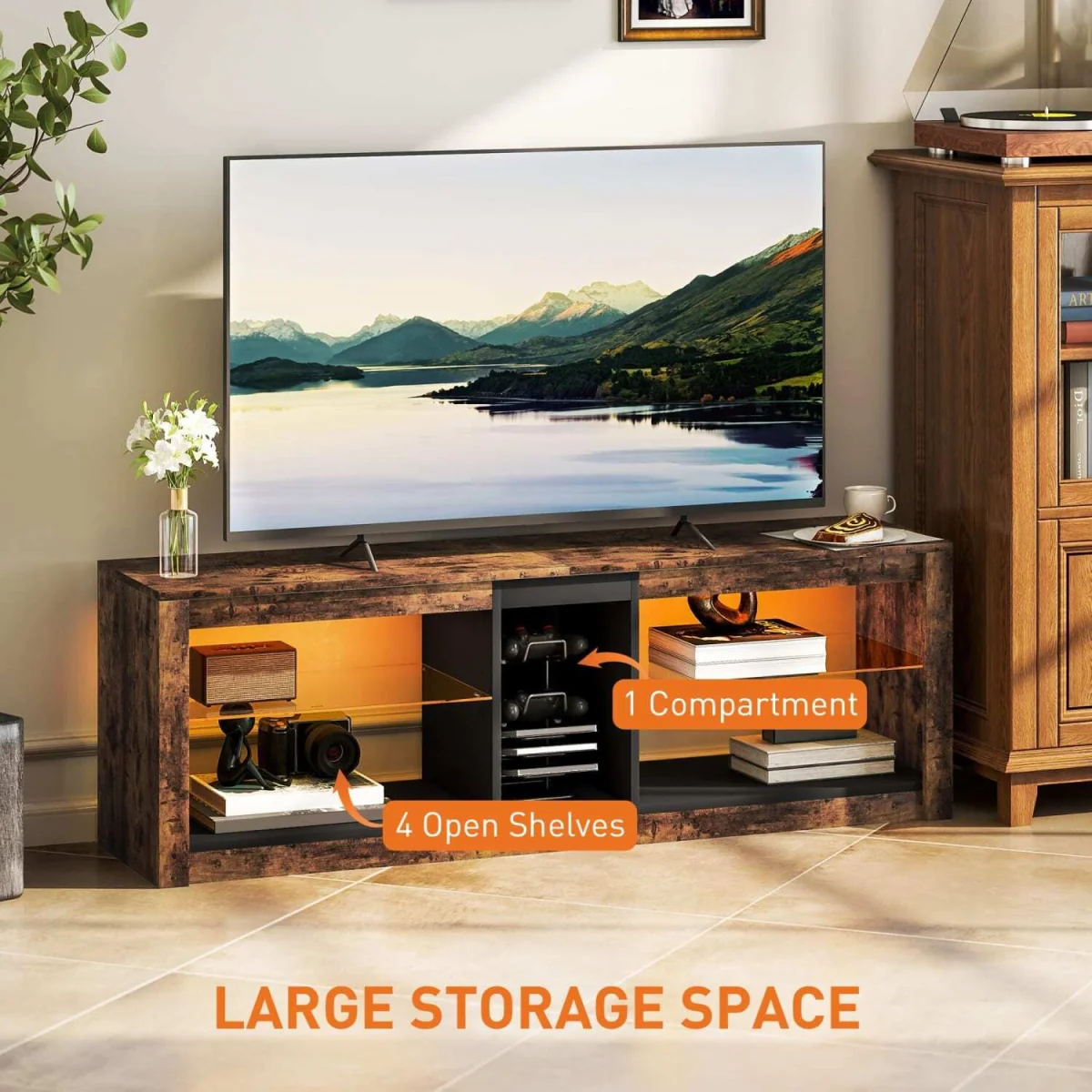 Kemido 140cm Rustic Brown TV Cabinet with LED Lighting and Remote for TVs up to 65 inches – image 5