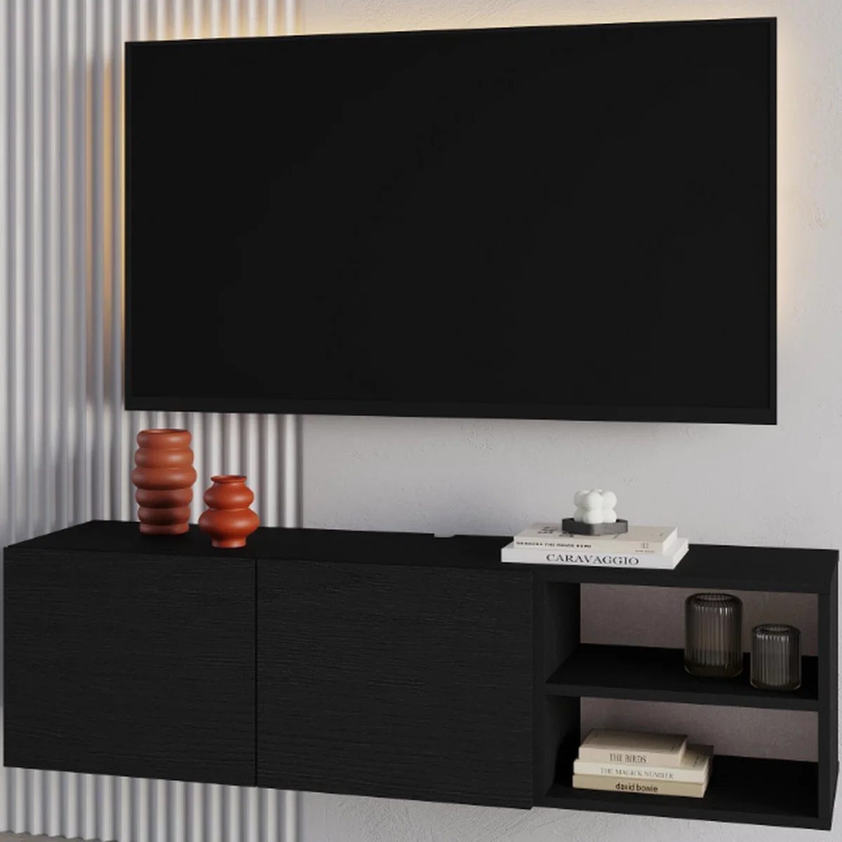 Decortie Modern Floating TV Stand for 50 Inch TVs - Black Wood