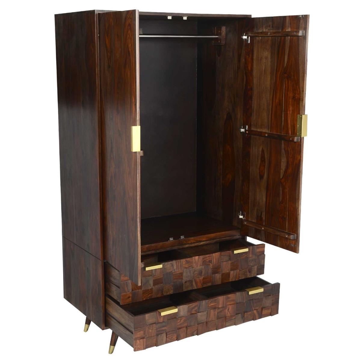 2 Door 2 Drawer Bedroom Wardrobe - Solid Sheesham With Brass Tips - W91 x D58 x H194cm - Barker &amp; Stonehouse – image 3