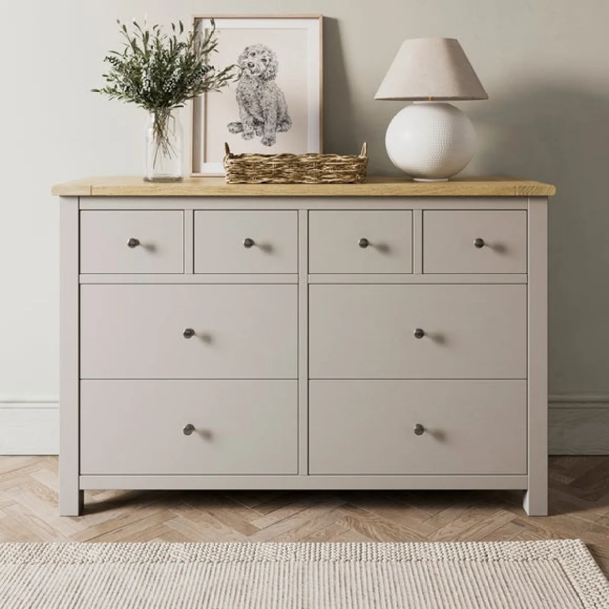 Olney Stone Wide Chest, Double Wardrobe & Bedside Tables Bundle – image 3