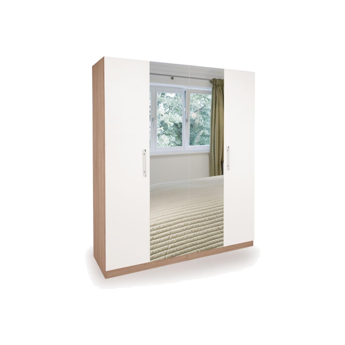 Hyde 4 Door Wardrobe, White & Mirrored White/Natural – image 1