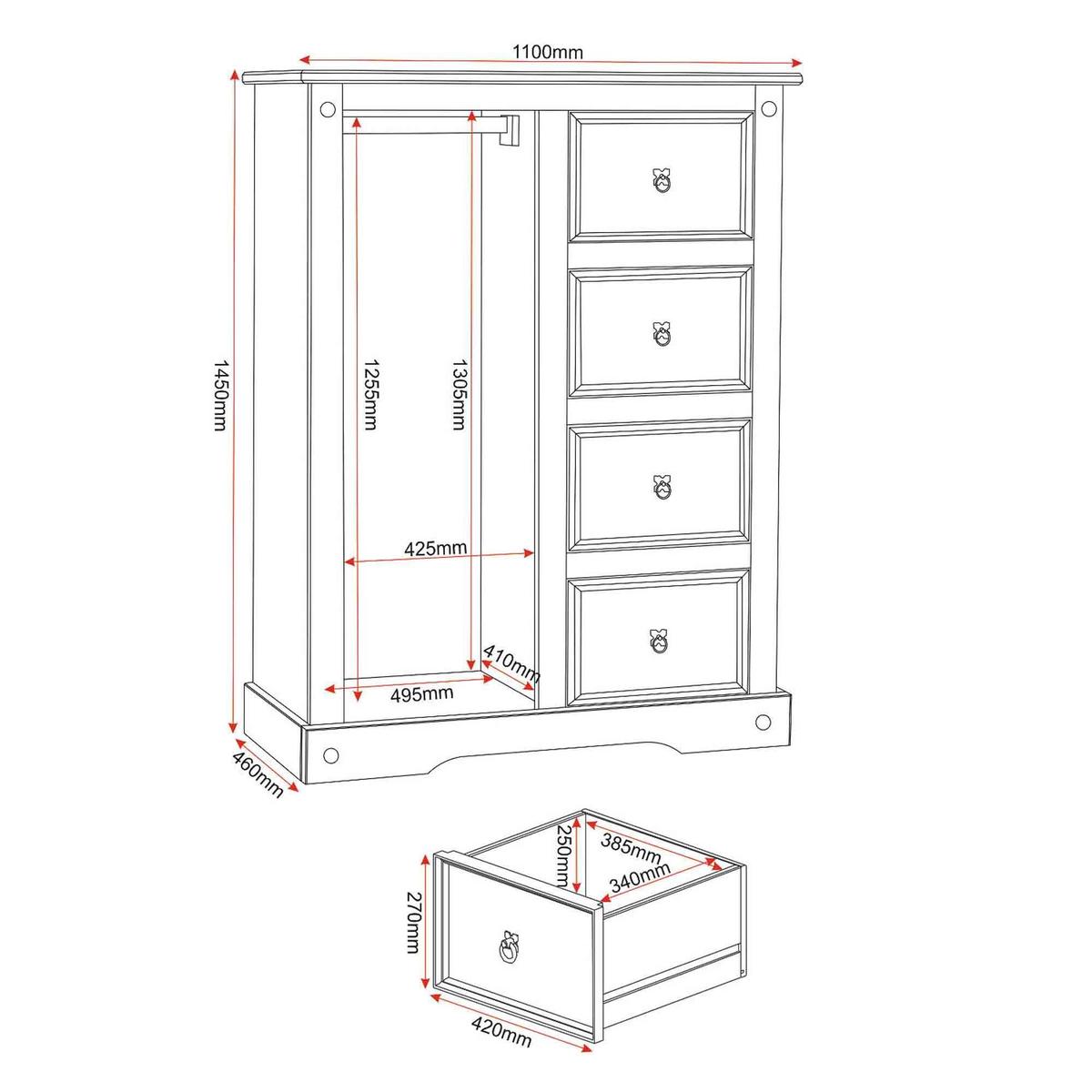 Corona Pine Single 4 Drawer Wardrobe Brown – image 4