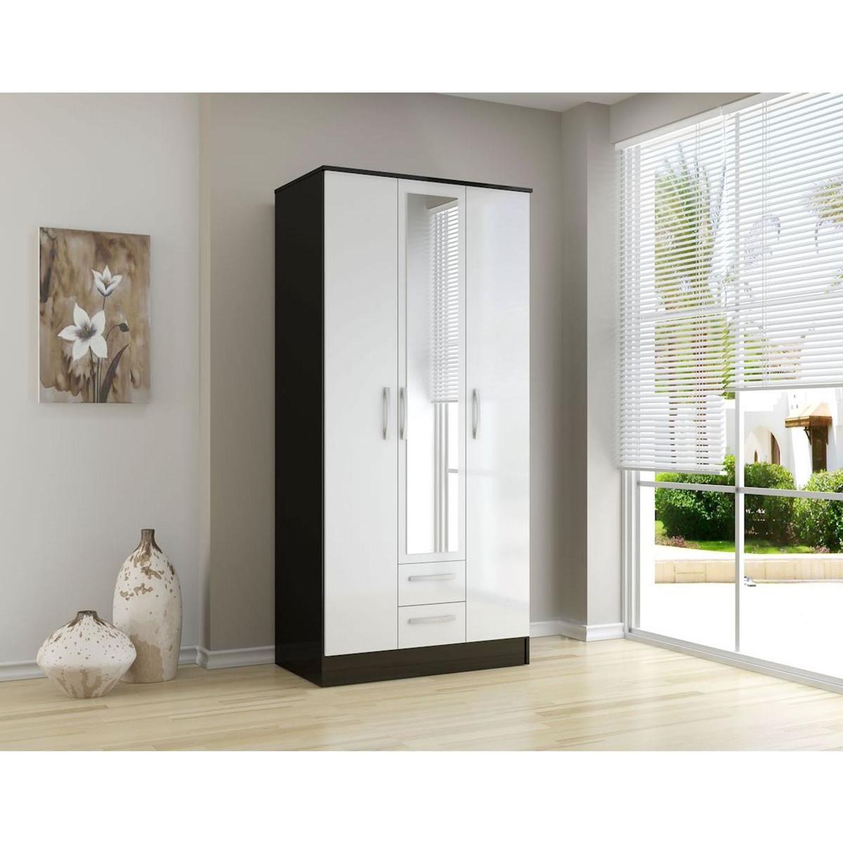 Lynx Black and White Triple Wardrobe with 2 Drawers Black – image 2
