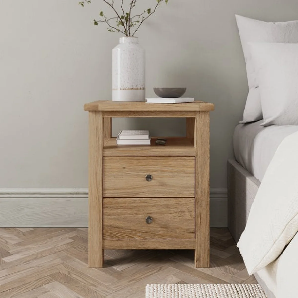 Olney Oak 5 Drawer Chest, Double Wardrobe & Bedside Tables Bundle – image 2