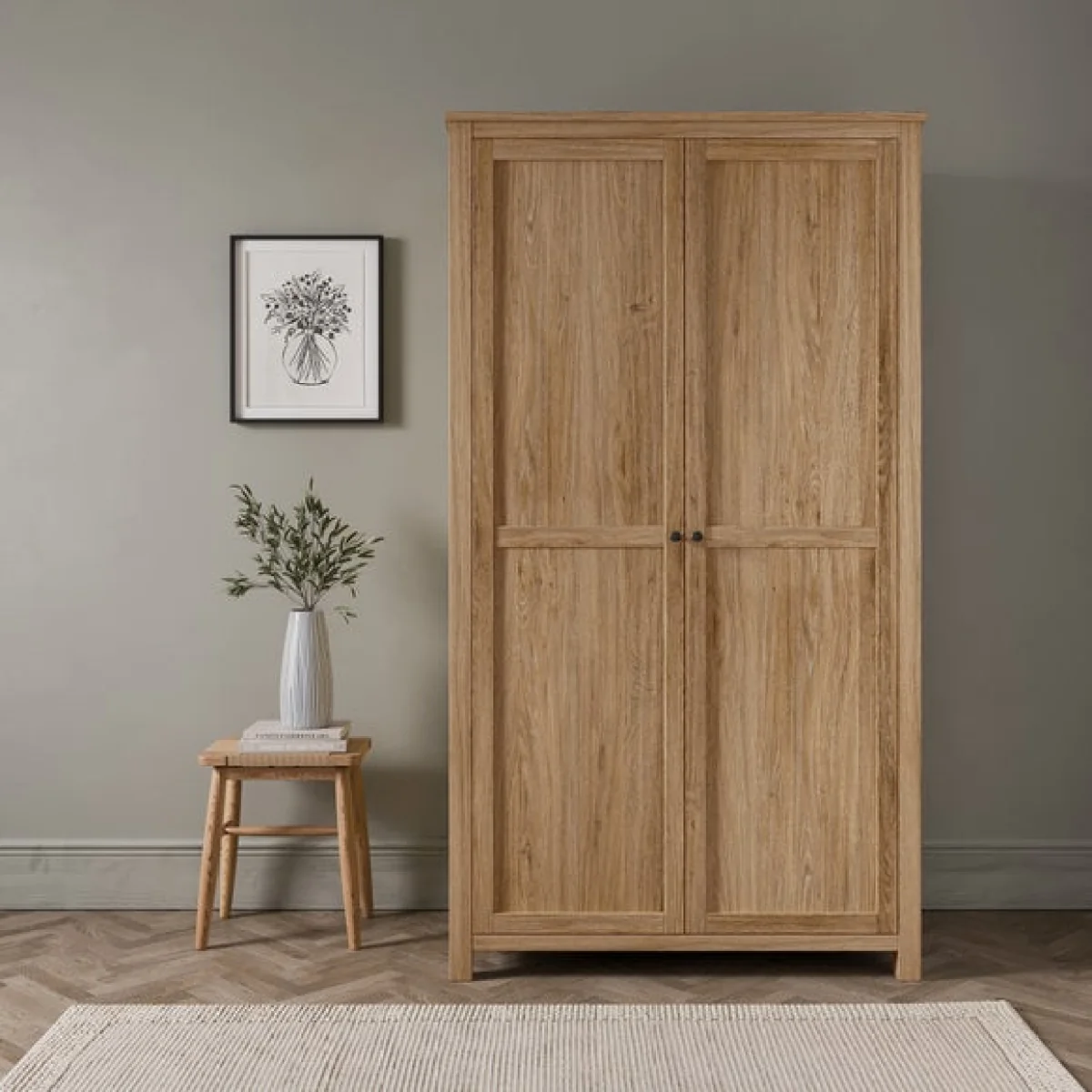 Olney Oak 5 Drawer Chest, Double Wardrobe & Bedside Tables Bundle – image 4
