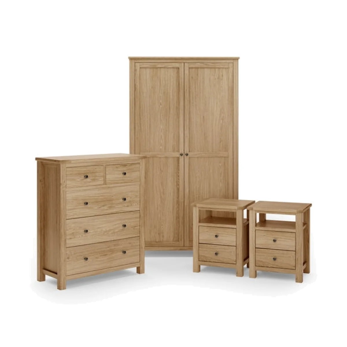 Olney Oak 5 Drawer Chest, Double Wardrobe & Bedside Tables Bundle – image 1