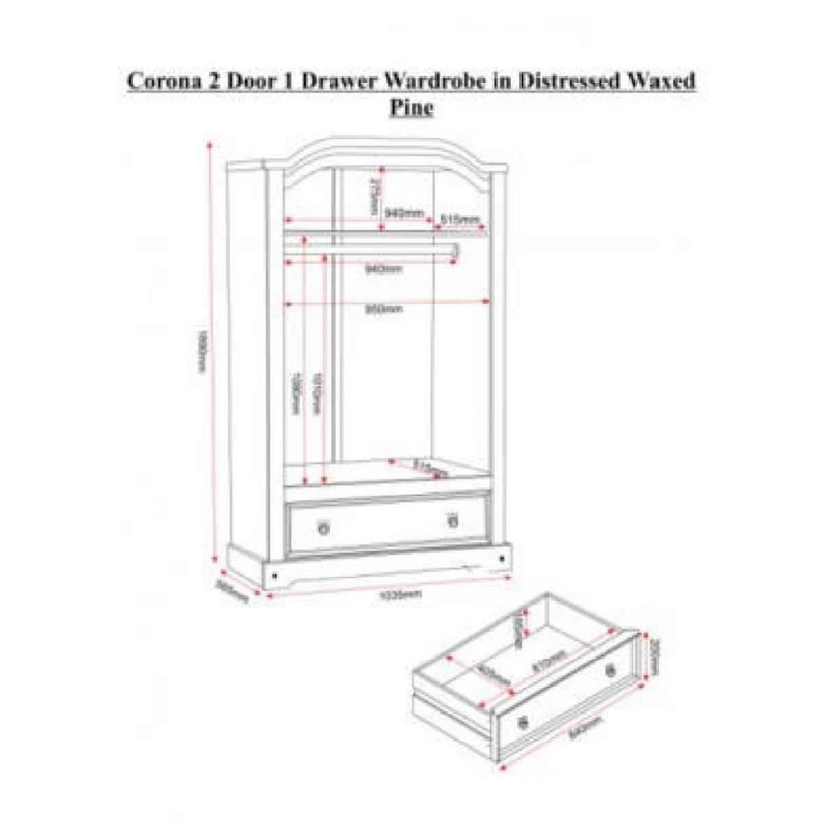 Corona 2 Door 1 Drawer Wardrobe in Pine - Seconique – image 4
