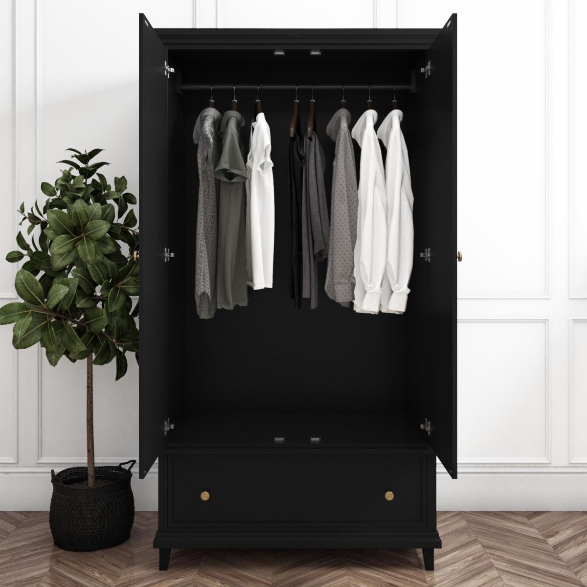 Black Painted 2 Door Double Wardrobe with Drawer - Georgia – image 2