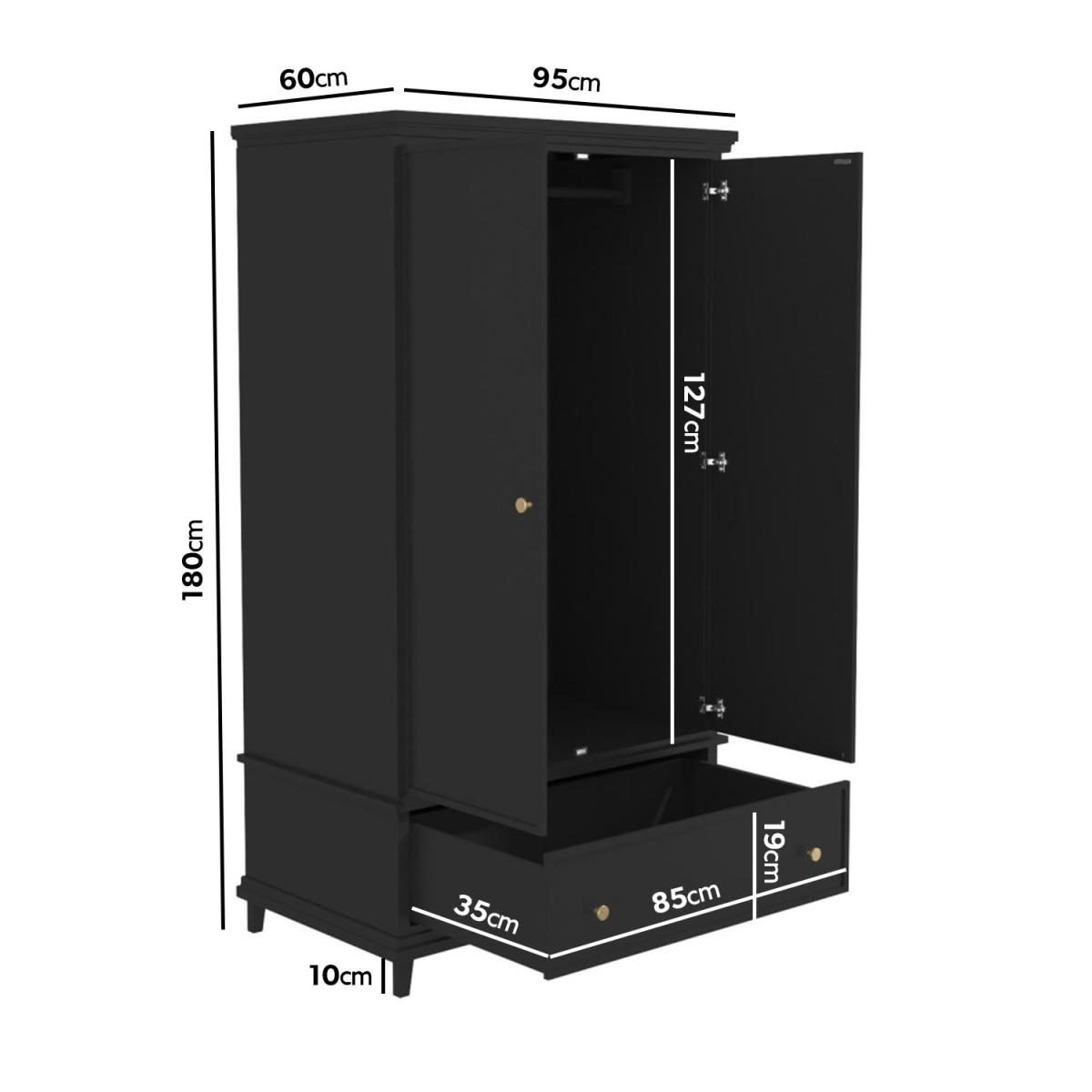Black Painted 2 Door Double Wardrobe with Drawer - Georgia – image 3