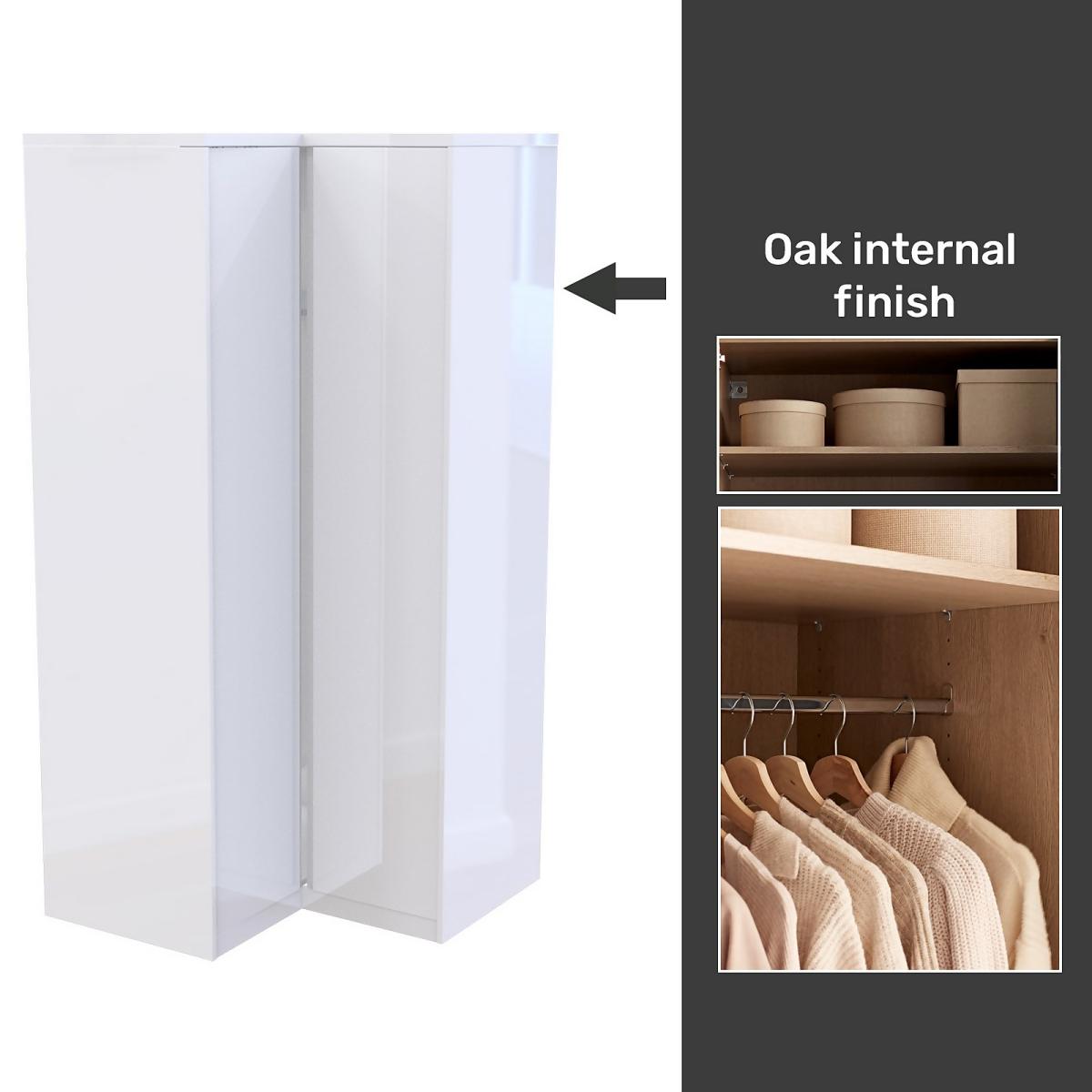 House Beautiful Escape Fitted Look Corner Wardrobe, Oak Effect Carcass - Gloss White Handleless Doors (W) 1073mm x (H) 2226mm – image 2