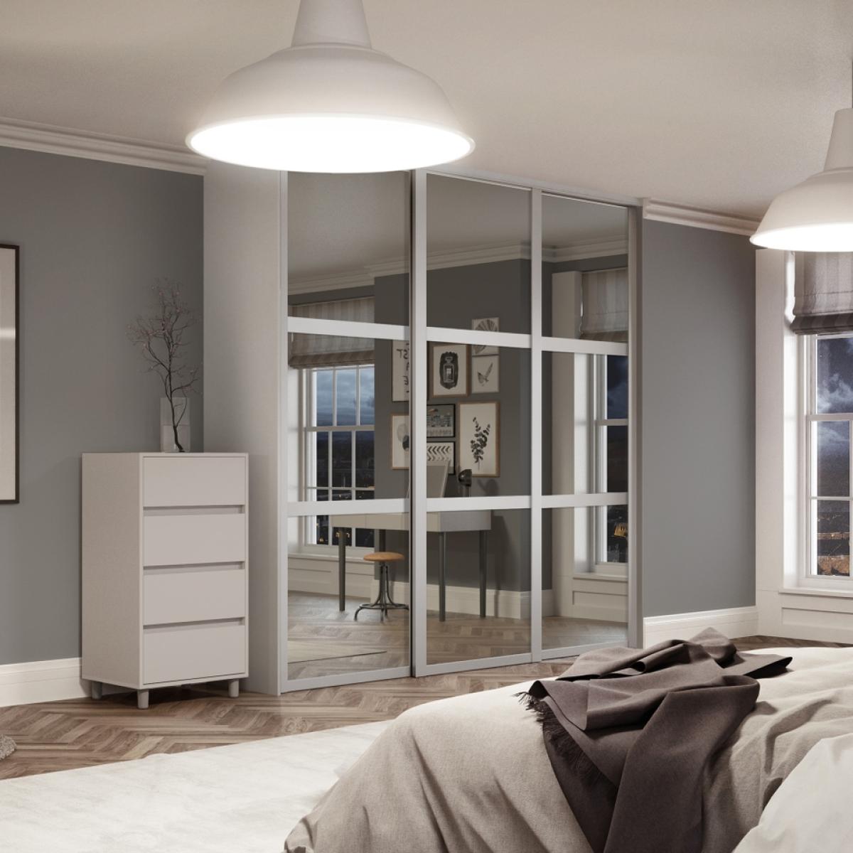 Shaker Sliding Wardrobe Door 3 Panel Mirror with Dove Grey Frame (W)610mm – image 2