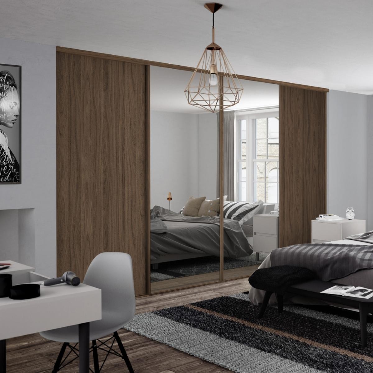 Classic 4 Door Sliding Wardrobe Kit Walnut Panel/Mirror with Walnut Frame (W)3586mm x (W)2260mm – image 2