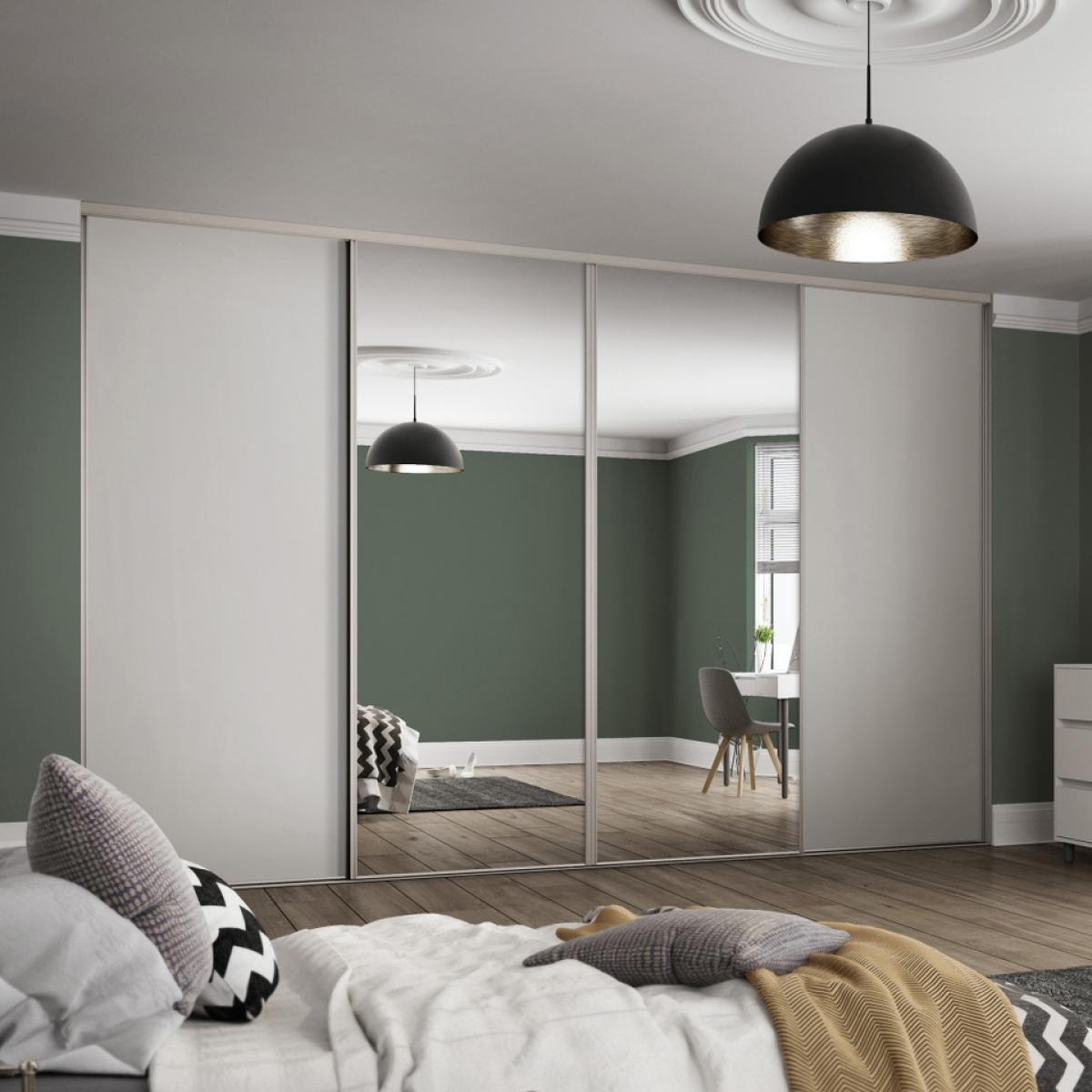 Classic 4 Door Sliding Wardrobe Kit Dove Grey Panel/Mirror with Dove Grey Frame (W)2370mm x (W)2260mm – image 2