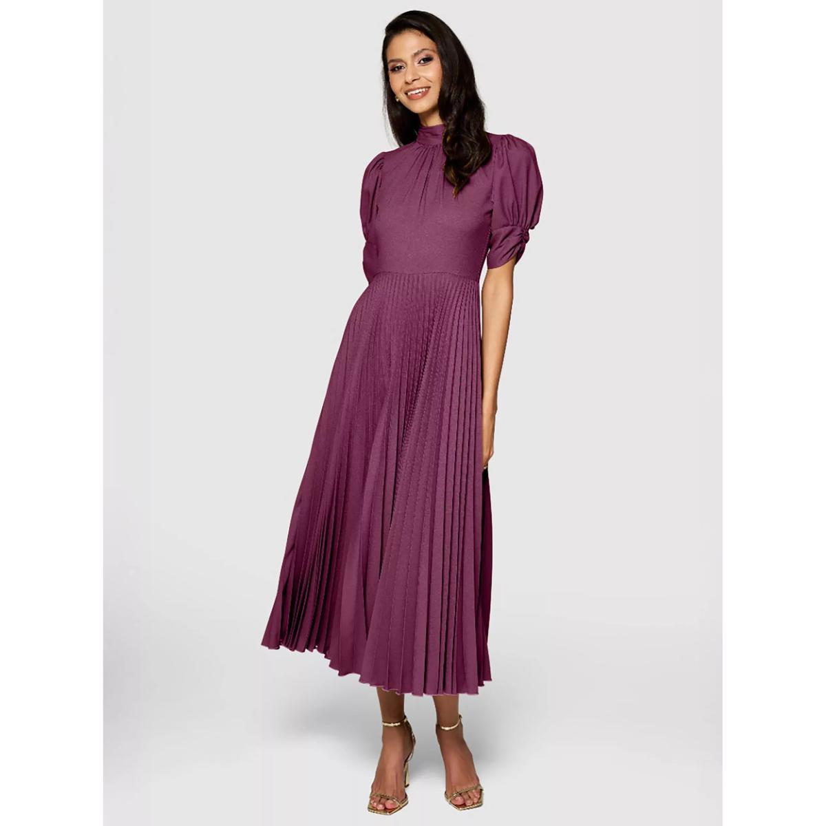 Closet London Puff Sleeve Pleated Dress, Burgundy – image 3