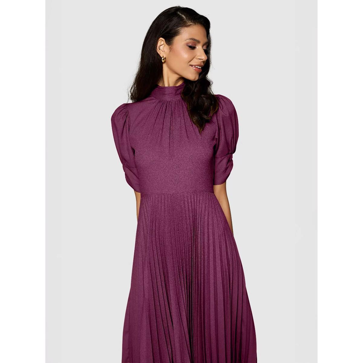 Closet London Puff Sleeve Pleated Dress, Burgundy – image 4