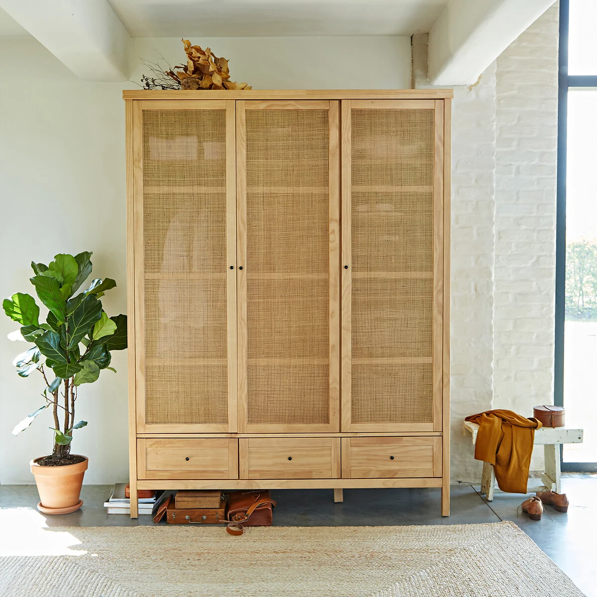 Gabin Solid Pine & Rattan Triple Wardrobe – image 2