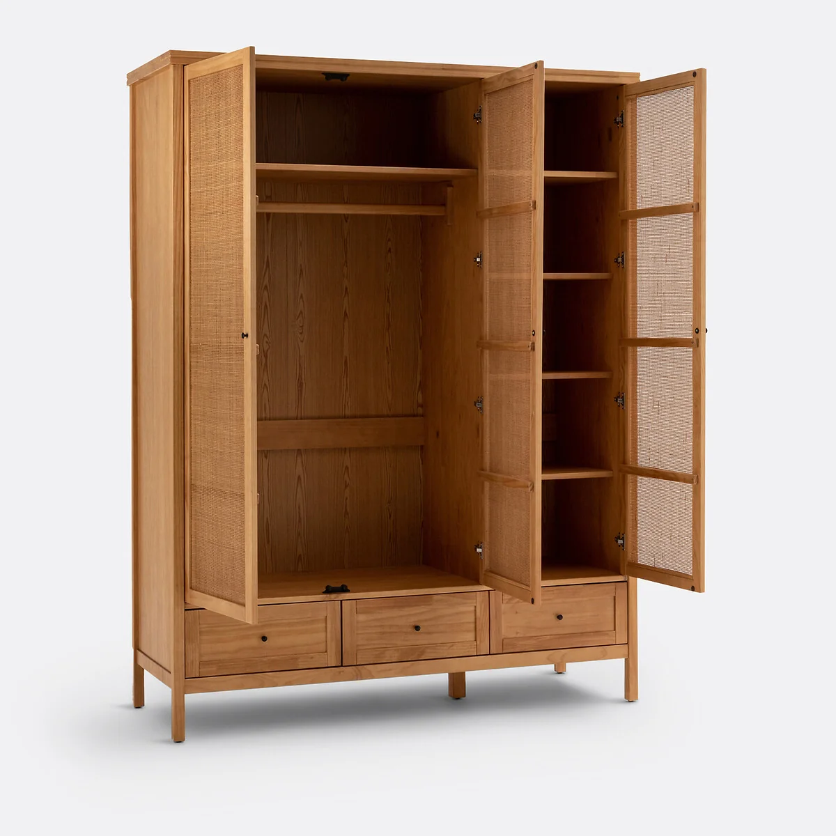 Gabin Solid Pine & Rattan Triple Wardrobe – image 4