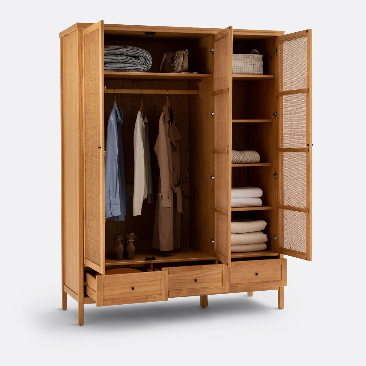Gabin Solid Pine & Rattan Triple Wardrobe – image 6