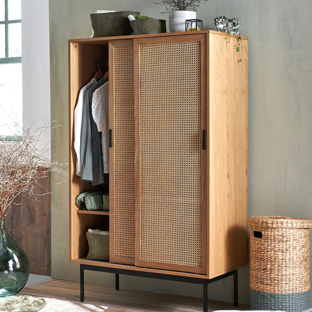 Waska Sliding Door Oak Veneer & Rattan Double Wardrobe – image 2