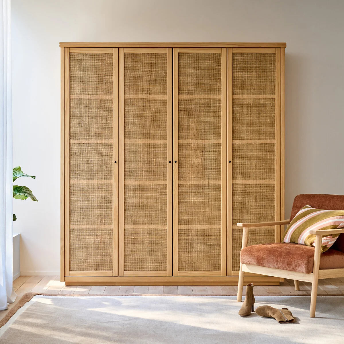 Gabin 4-Door Solid Pine and Cane Wardrobe – image 2