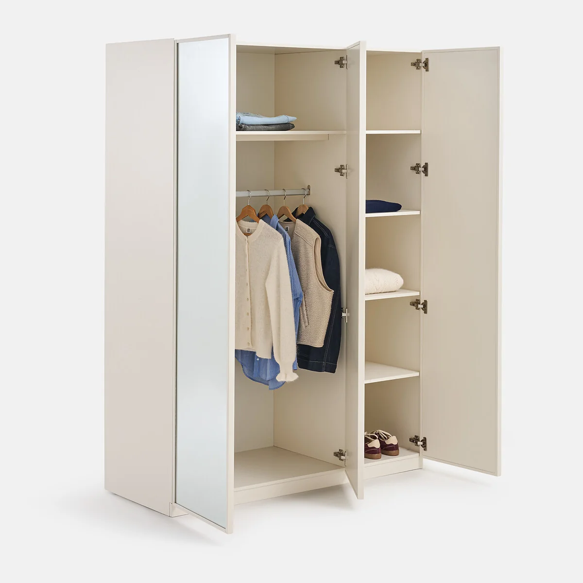 Parro 3-Door Wardrobe, 1 Door with Mirror, Hanging Rail and Shelves – image 3