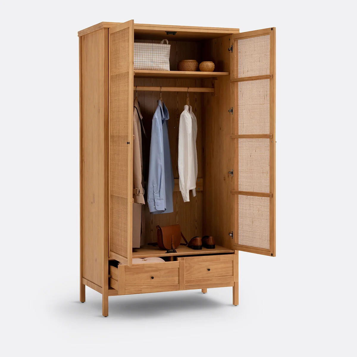 Gabin Solid Pine & Rattan 2-Door Wardrobe – image 4