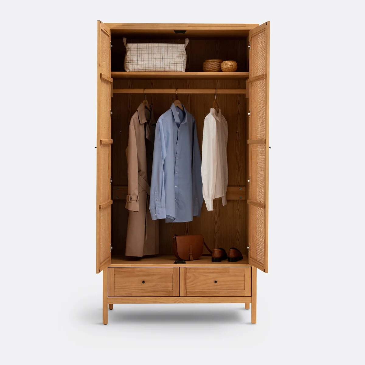Gabin Solid Pine & Rattan 2-Door Wardrobe – image 5