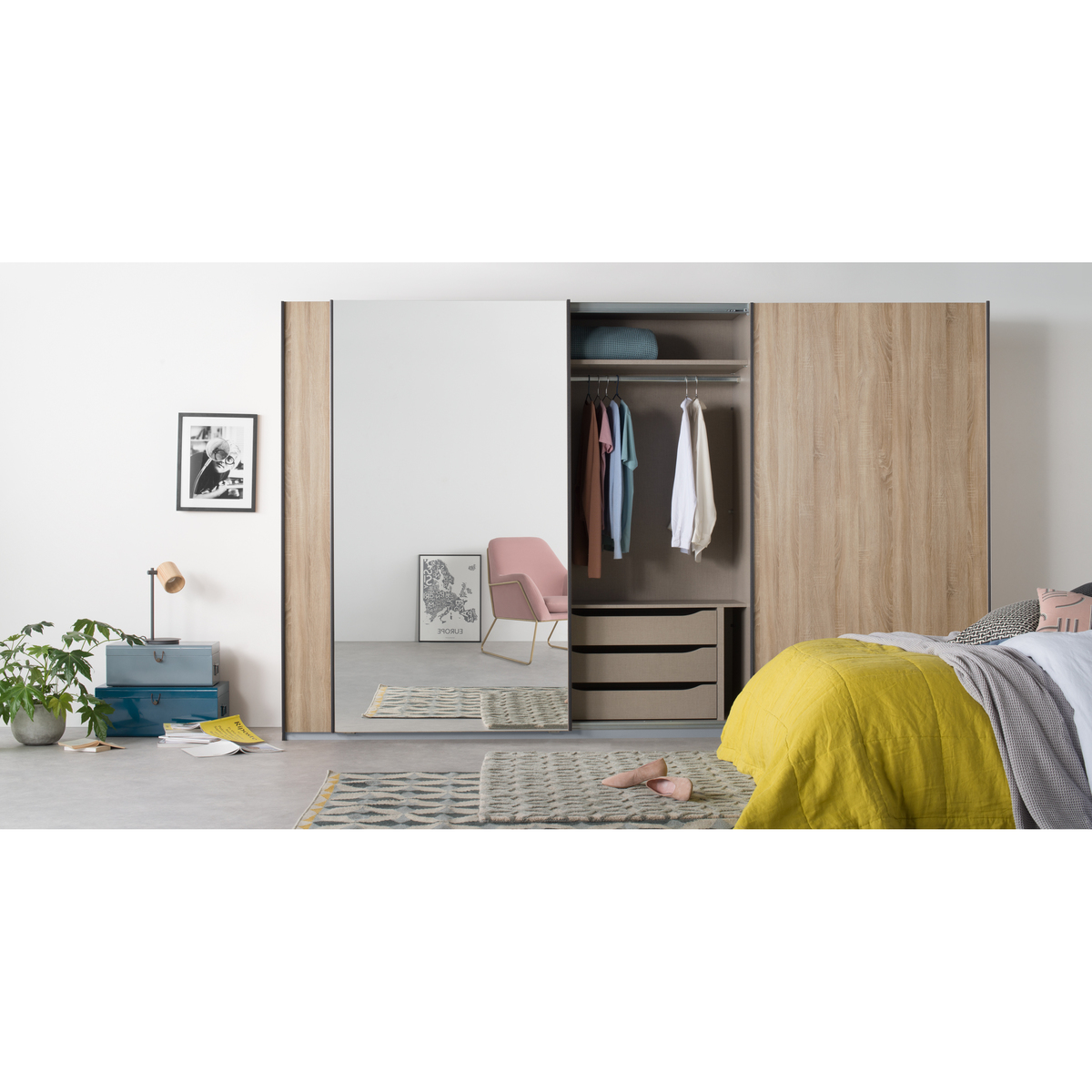 Malix 3 door 270cm Sliding Wardrobe, Graphite Grey frame,Oak & Mirror doors , Classic Interior – image 2