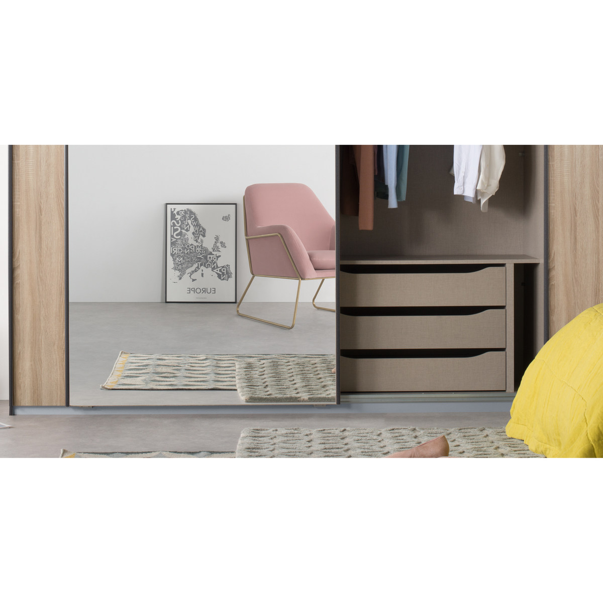 Malix 3 door 270cm Sliding Wardrobe, Graphite Grey frame,Oak & Mirror doors , Classic Interior – image 5