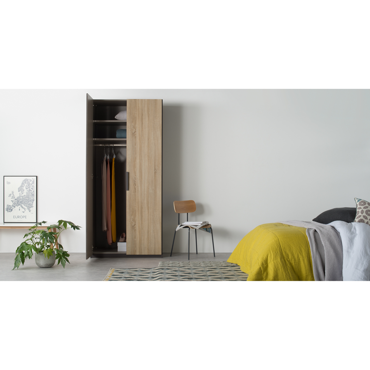 Caren 2 door 100cm Hinged Wardrobe, Graphite Grey Frame, Oak Doors, Standard Interior – image 2