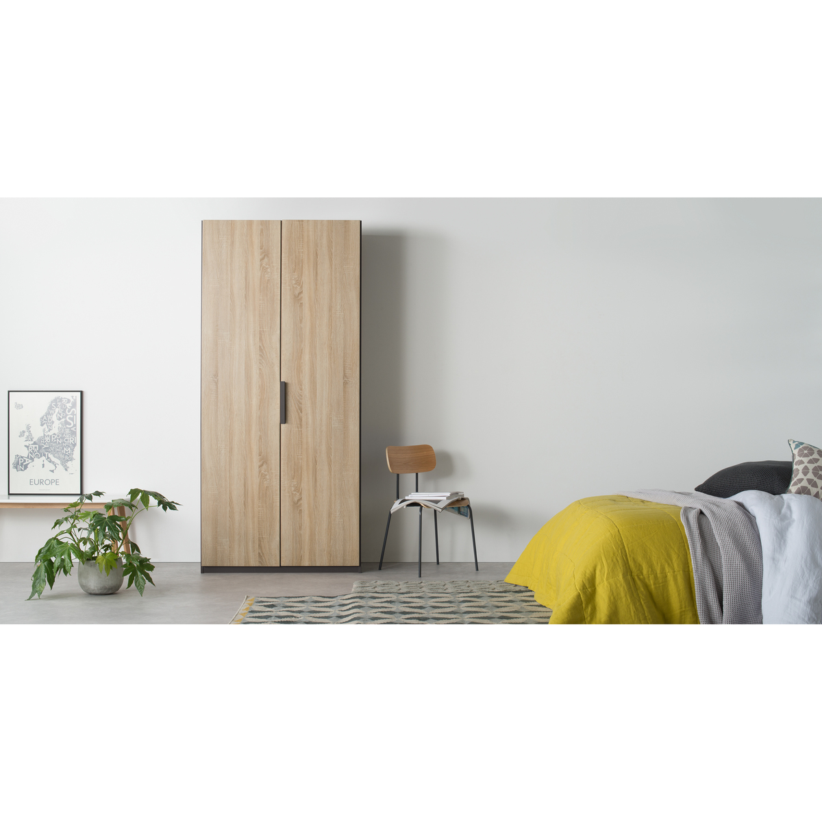 Caren 2 door 100cm Hinged Wardrobe, Graphite Grey Frame, Oak Doors, Standard Interior – image 3