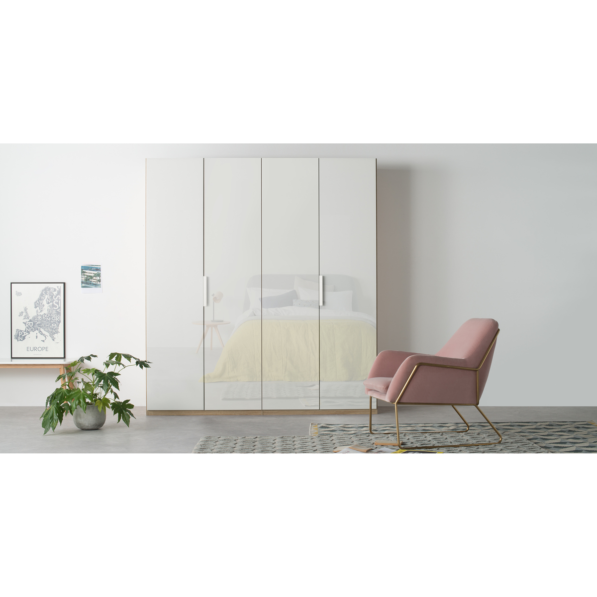 Caren 4 door 200cm Hinged Wardrobe, Oak Frame, White Glass Doors, Classic Interior – image 3