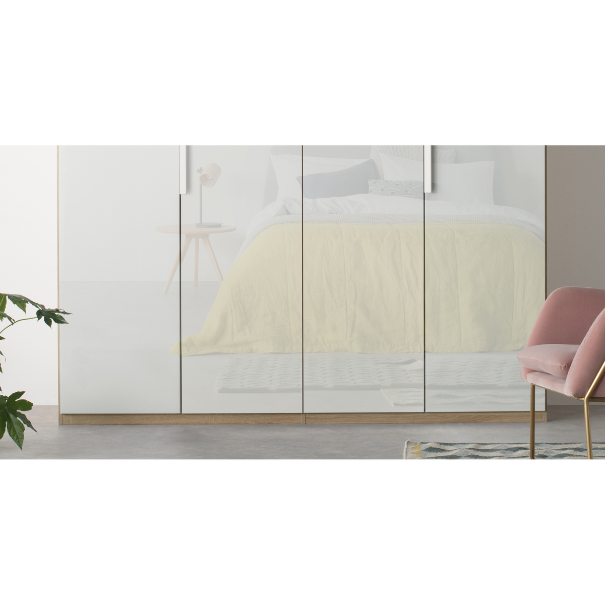 Caren 4 door 200cm Hinged Wardrobe, Oak Frame, White Glass Doors, Classic Interior – image 4