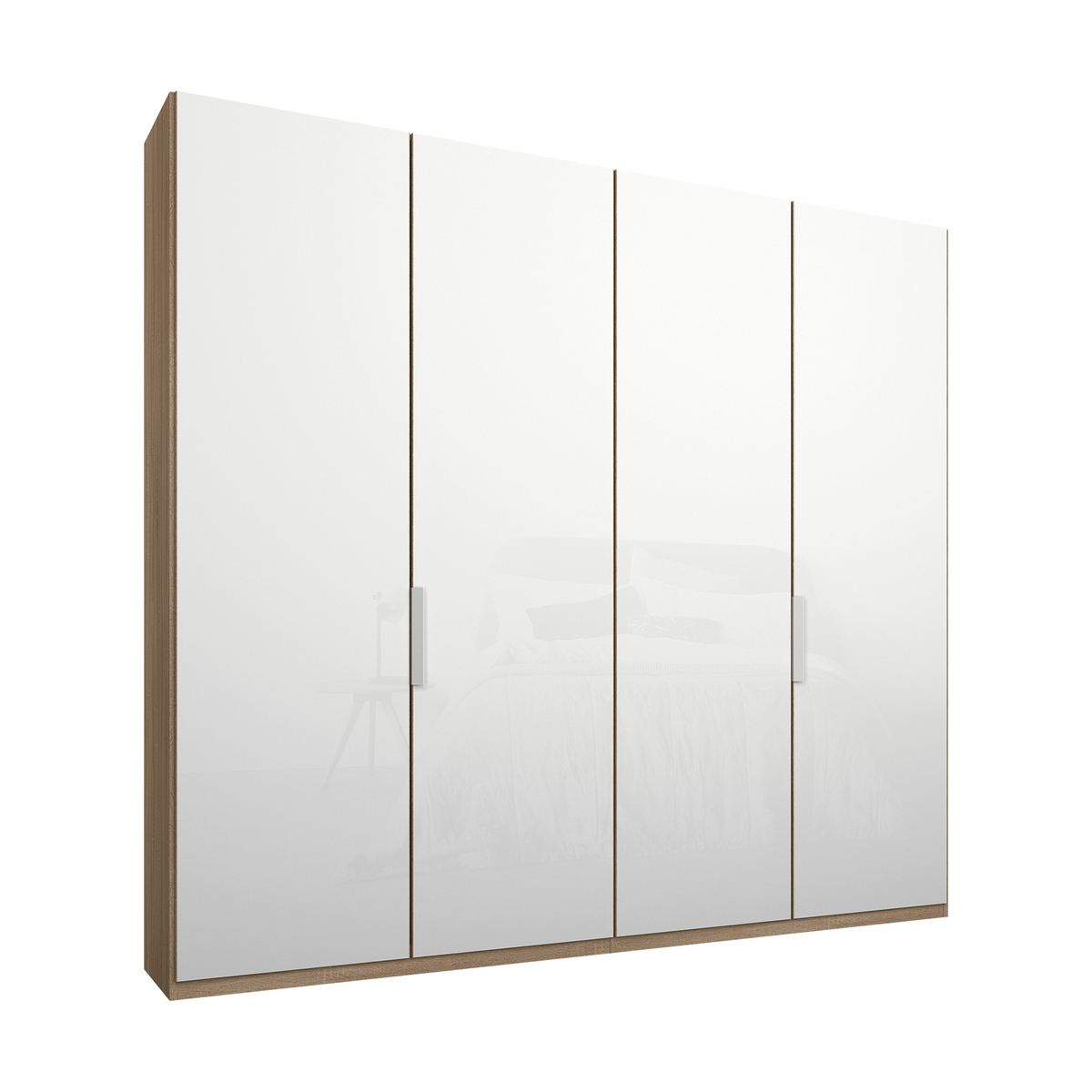 Caren 4 door 200cm Hinged Wardrobe, Oak Frame, White Glass Doors, Classic Interior – image 1